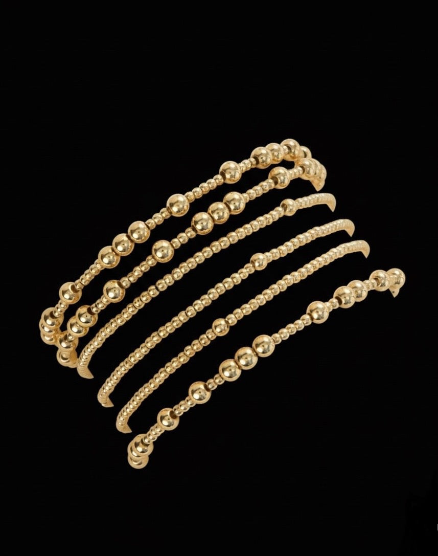 Layered 14k Solid Gold Beaded Bracelet Set