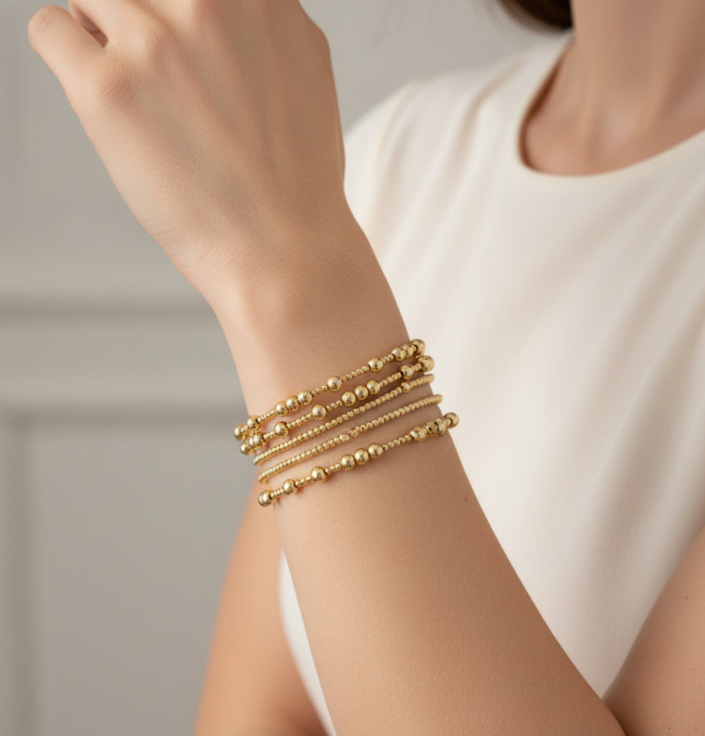Layered 14k Solid Gold Beaded Bracelet Set