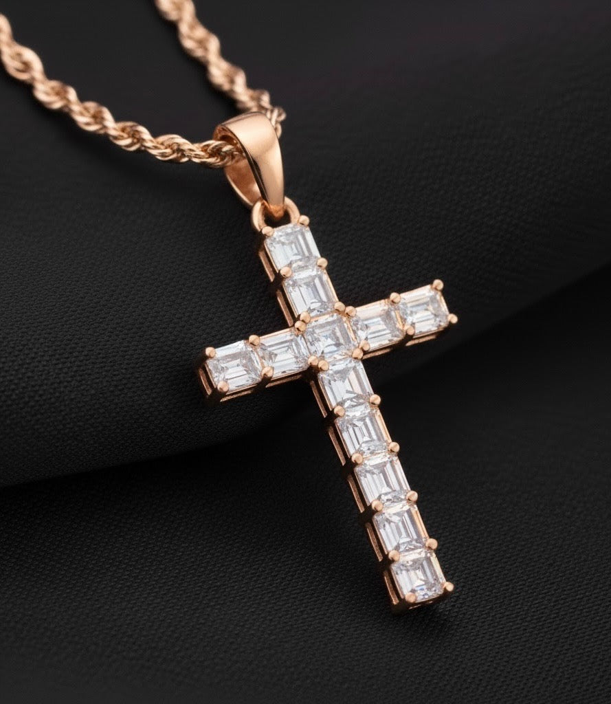 Emerald Cut Diamond Cross Pendant