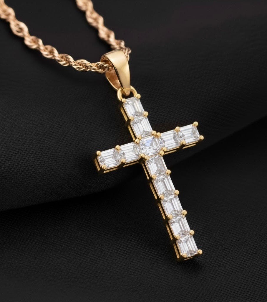 Emerald Cut Diamond Cross Pendant